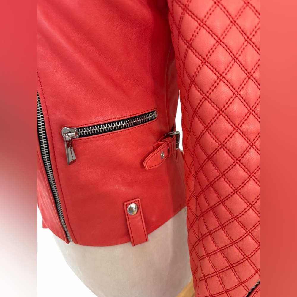 Barbara Bui RARE Coral Lambskin Leather Quilted Sleeves Moto Jacket - Picture 7 of 12